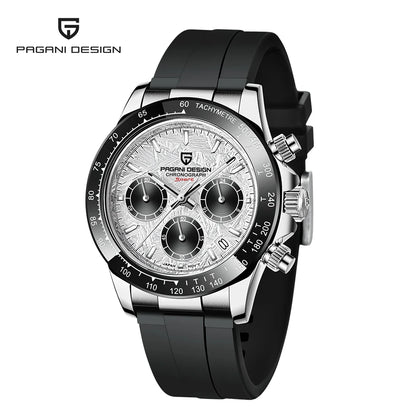 PAGANI DESIGN Men Quartz Chronograph Watch RoseGold Case Black Ceramic Bezel Brown Dial Rubber Strap Waterproof Sports watch+box