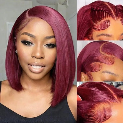 13x4 HD Lace Front Wigs 200 Density Preplucked Prebleached 99J Burgundy Colored 8-14 InchStraight Short Bob Human Hair Wigs