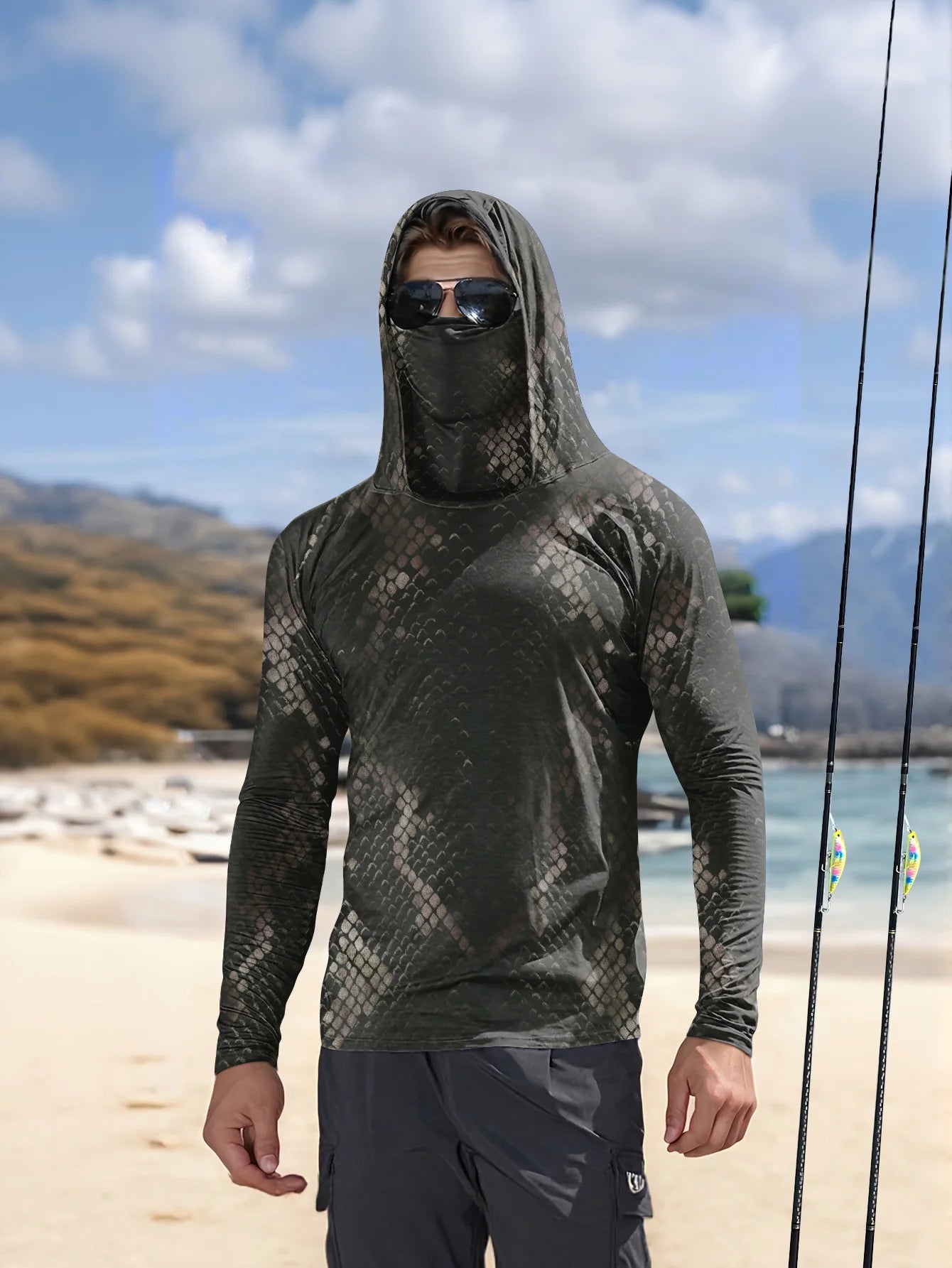 Men's Fishing Hooded Long-Sleeved Camouflage Sunscreen Breathable Anti-UV Lightweight Sweat-Resistant Fishing Shirt