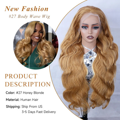 38 40 inch #27 Honey Blonde Color Human Hair Wigs For Women Golden blonde 13x6 Transparent Lace Front Wig Preplucked 220 Density