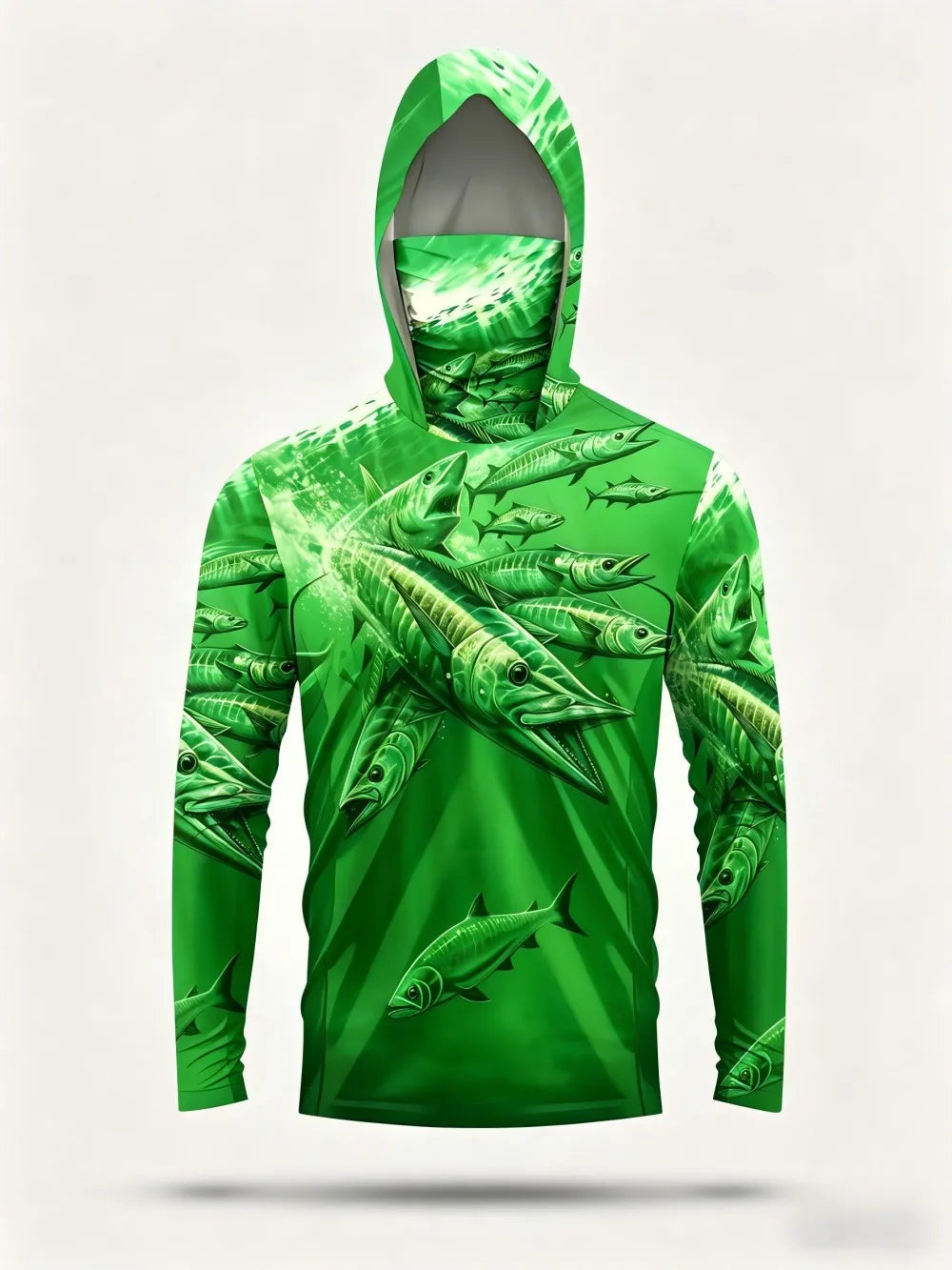 Men's summer fashion fish school print comfortable breathable hooded fishing suit long sleeved T-shirt outdoor casual top