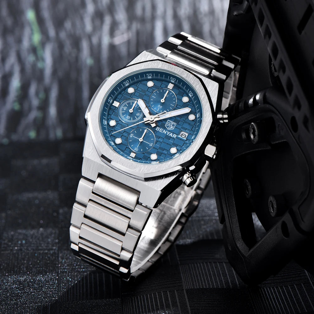2025 New BENYAR Men's Watches Top Luxury Quartz Wristwatches Chronograph Watch For Man Stainless Steel Waterproof Clock Gift Box