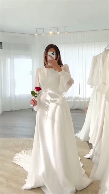 SSYTENS Modest Wedding Dresses Long Sleeves Customized Boho Bride Dress O-Neck Appliques A-Line Bridal Gown Vestidos De Novia