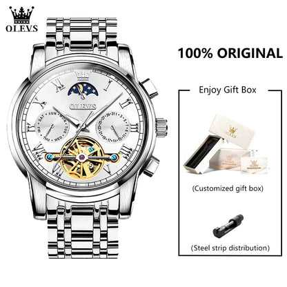 OLEVS 6617 Men's Classic Mechanical Watch Waterproof Business Stainless Steel Strap Watch  Sun And Moon 30M Waterproof Watch