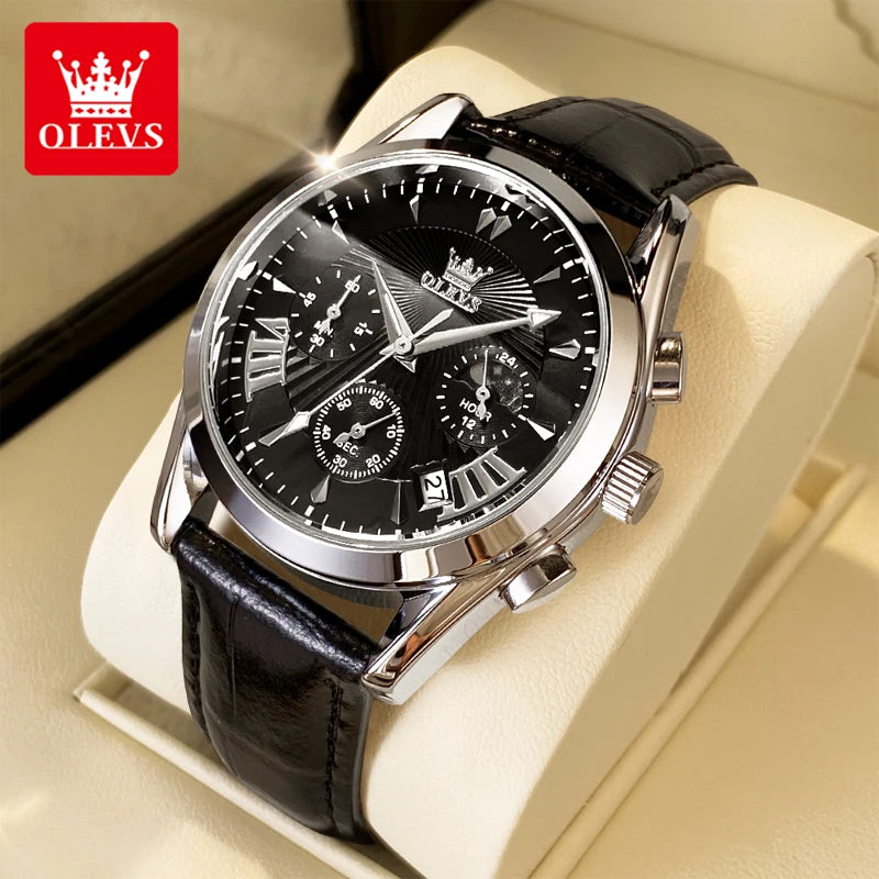 OLEVS casual fashion men's watches Moon Phase Chronograph waterproof man wristwatch Leather strap trend genuine watch for man