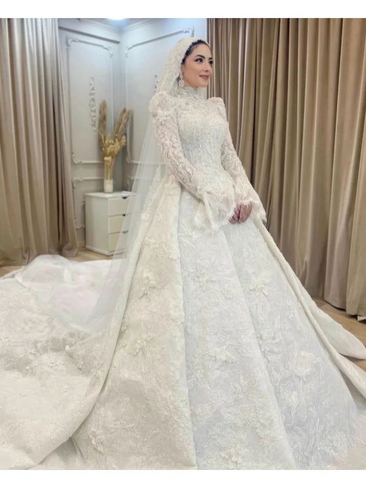 Customized 2026 White Muslim Style Wedding Dress With High Neck Long Sleeved Satin Appliqu É D Lace Decoration Vestido De Novia