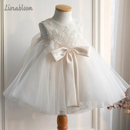 Girls' White Lace Mesh Dress Featuring Large Bow Accent Flower Girl Gown Formal Party Dress Elegant Princess Dress