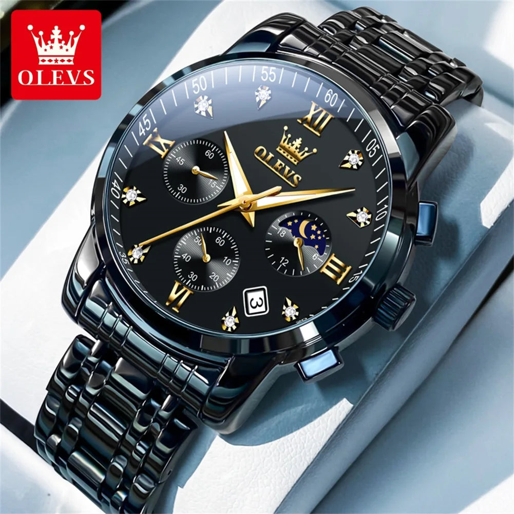 OLEVS Popular men's watches stainless steel black Moon Phase Chronograph quartz watch for man date Original brand wristwatch