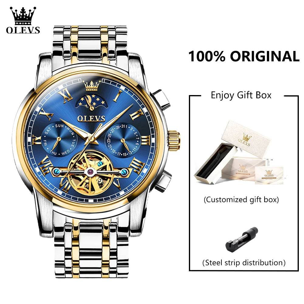 OLEVS 6617 Men's Classic Mechanical Watch Waterproof Business Stainless Steel Strap Watch  Sun And Moon 30M Waterproof Watch