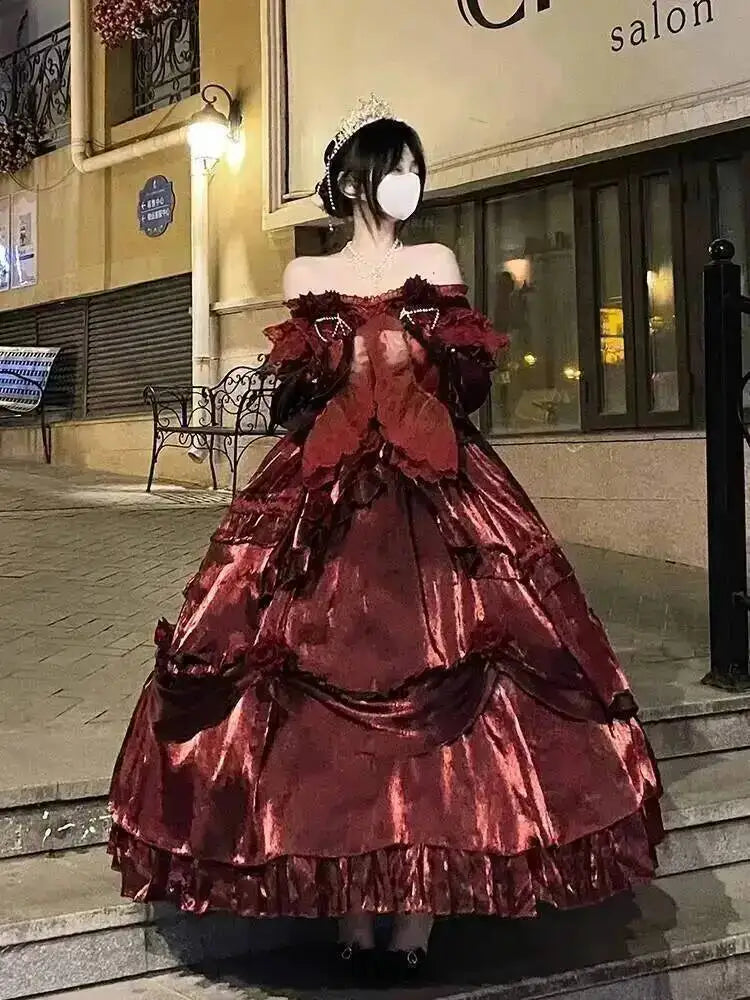 Beauty Princess Dress Red Lolita Skirt Long Dress Elegant Lolita Outfit Heavy Industry Skrit Flower Red Dress Red Passion Dress