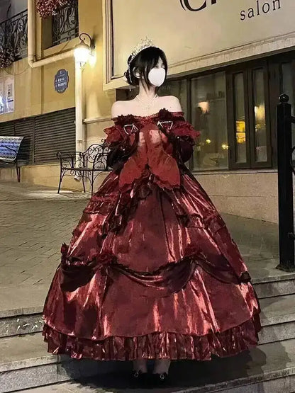 Beauty Princess Dress Red Lolita Skirt Long Dress Elegant Lolita Outfit Heavy Industry Skrit Flower Red Dress Red Passion Dress