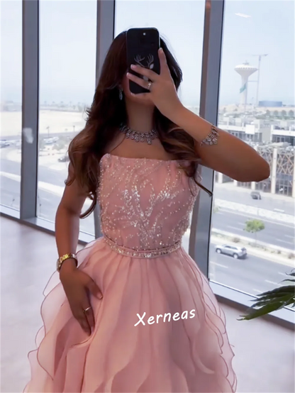 Customized Organza Sequined Strapless A-line Long Dresses Bespoke Occasion Luxury Evening Gown Gorgeous Elegant Glitter