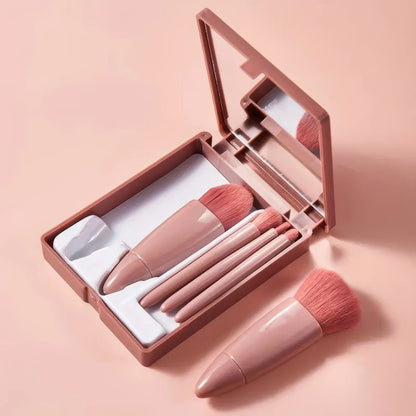 Portable Pink Makeup Brush Kit 5PCS Compact With Mirror Soft Bristles Blush Eyeshadow Foundation Beauty Tools