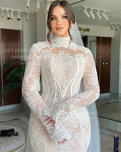 SSYTENS Lace Wedding Dresses High Neck Long Mermaid Bride Dress Saudi Arabia Bridal Gown Customized Luxurious vestidos de novia