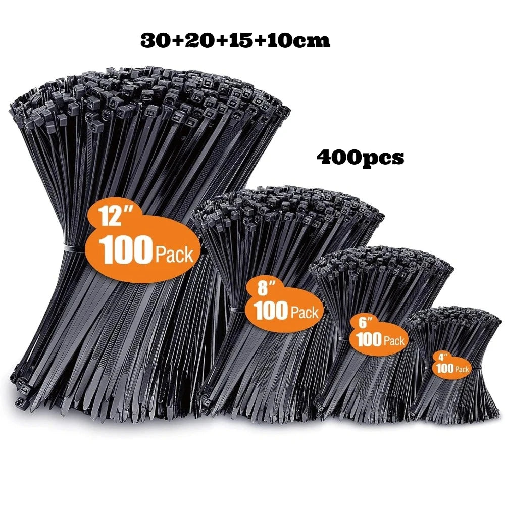 Zip Ties Assorted Sizes(4”+6”+8”+12”), 100/400 Pack Black Cable Ties UV Resistant Wire Ties