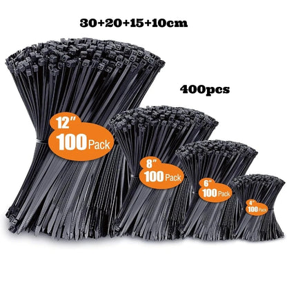 Zip Ties Assorted Sizes(4”+6”+8”+12”), 100/400 Pack Black Cable Ties UV Resistant Wire Ties