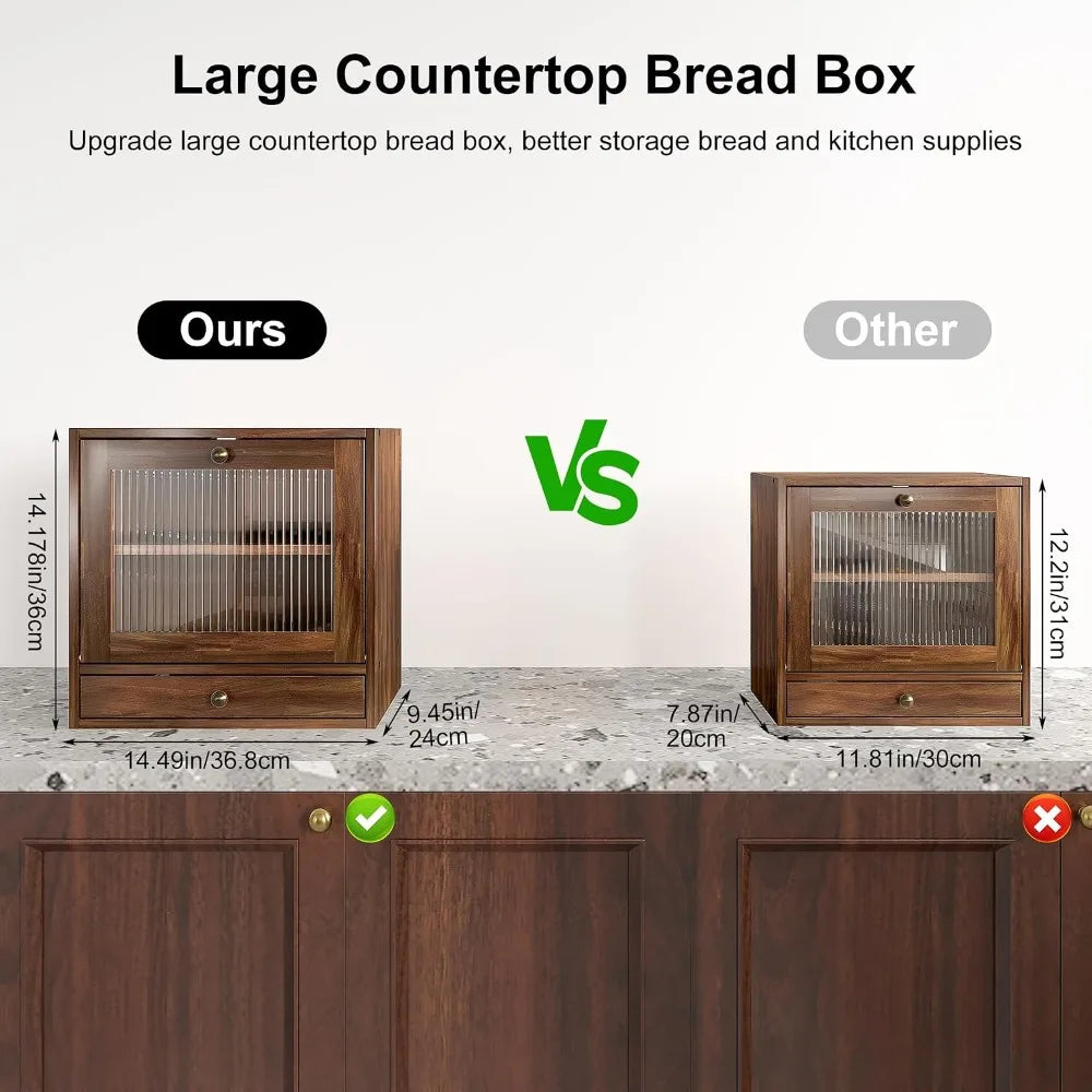 Large Capacity Wooden Bread Box for Kitchen Countertop with Ventilation Holes, Adjustable Shelf, Vintage Farmhouse Design, Keeps Bread Fresh Longer, Retro Brown