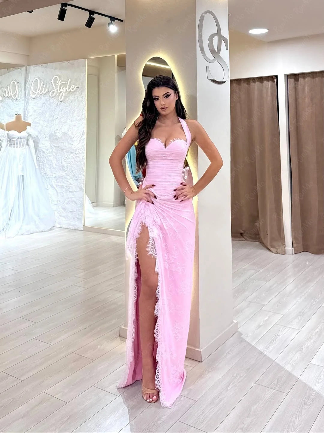 Ranmo Luxurious women's Pink Halter Sweetheart Collar Evening Dress 2026 A-line Side High Slit Pleat Lace Design Customized
