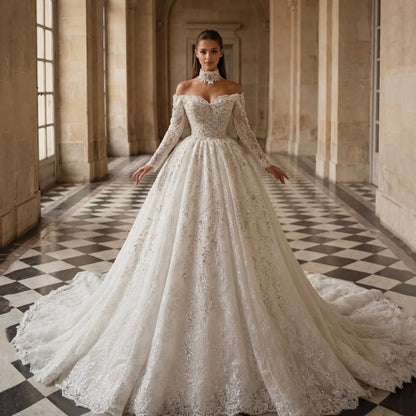 Luxury Crystal Beaded Prom Dresses Off Shoulder Long Sleeve A-line Wedding Dress Cathedral Tailored Retro Bride Dress Custom