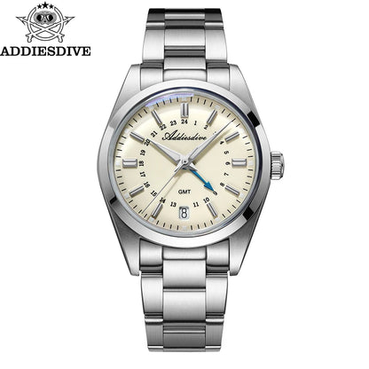 ADDIESDIVE Luxury Men's Analog Watch GMT Bubble Mirror Glass 36mm Quartz Watch Super Luminous 100m Business Steel Watch Men Gift