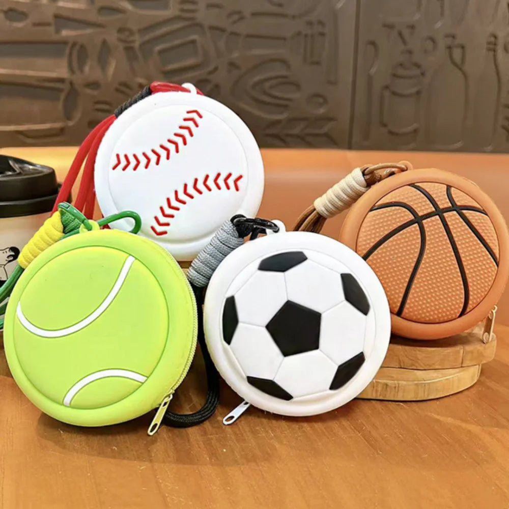 Silicone Sports Ball Coin Purse Basketball Football Tennis Baseball Shape Mini Pouch With Keychain Earbud Holder For Boys Girls