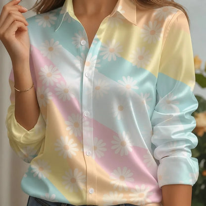 Women Satin Lapel Collar Shirt Pastel Striped Print Long Sleeve Loose Blouse Elegant Office Daily Casual Button Front Silk Feel