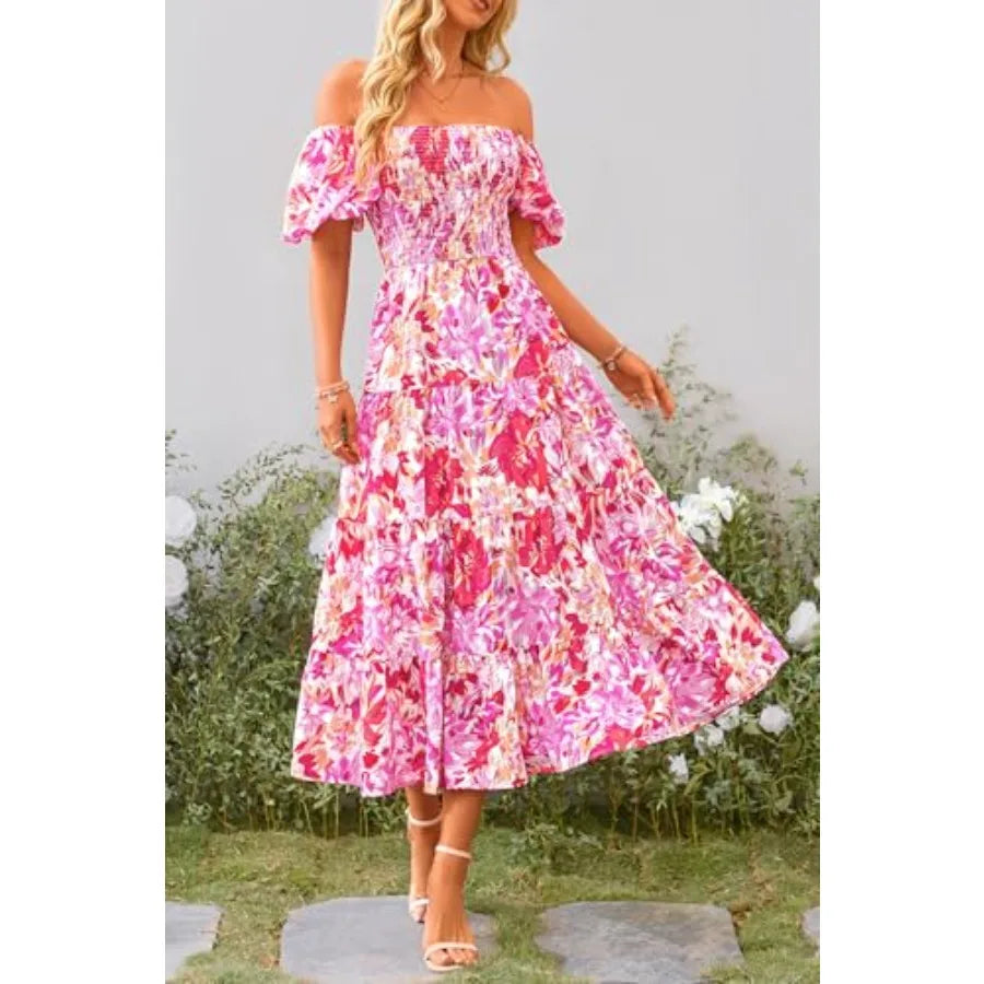 PRETTYGARDEN Women's Casual Summer Midi Dress Puffy Short Sleeve Square Neck Smocked Tie Ruffle Dresses