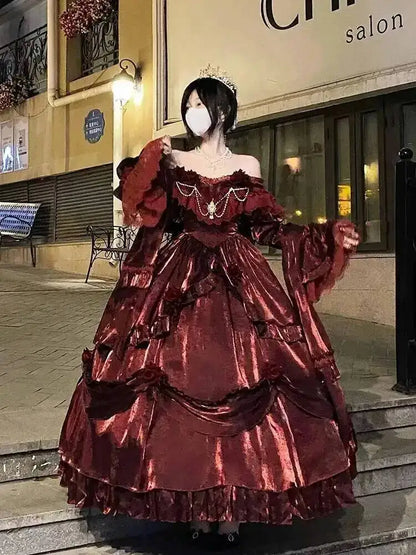 Beauty Princess Dress Red Lolita Skirt Long Dress Elegant Lolita Outfit Heavy Industry Skrit Flower Red Dress Red Passion Dress