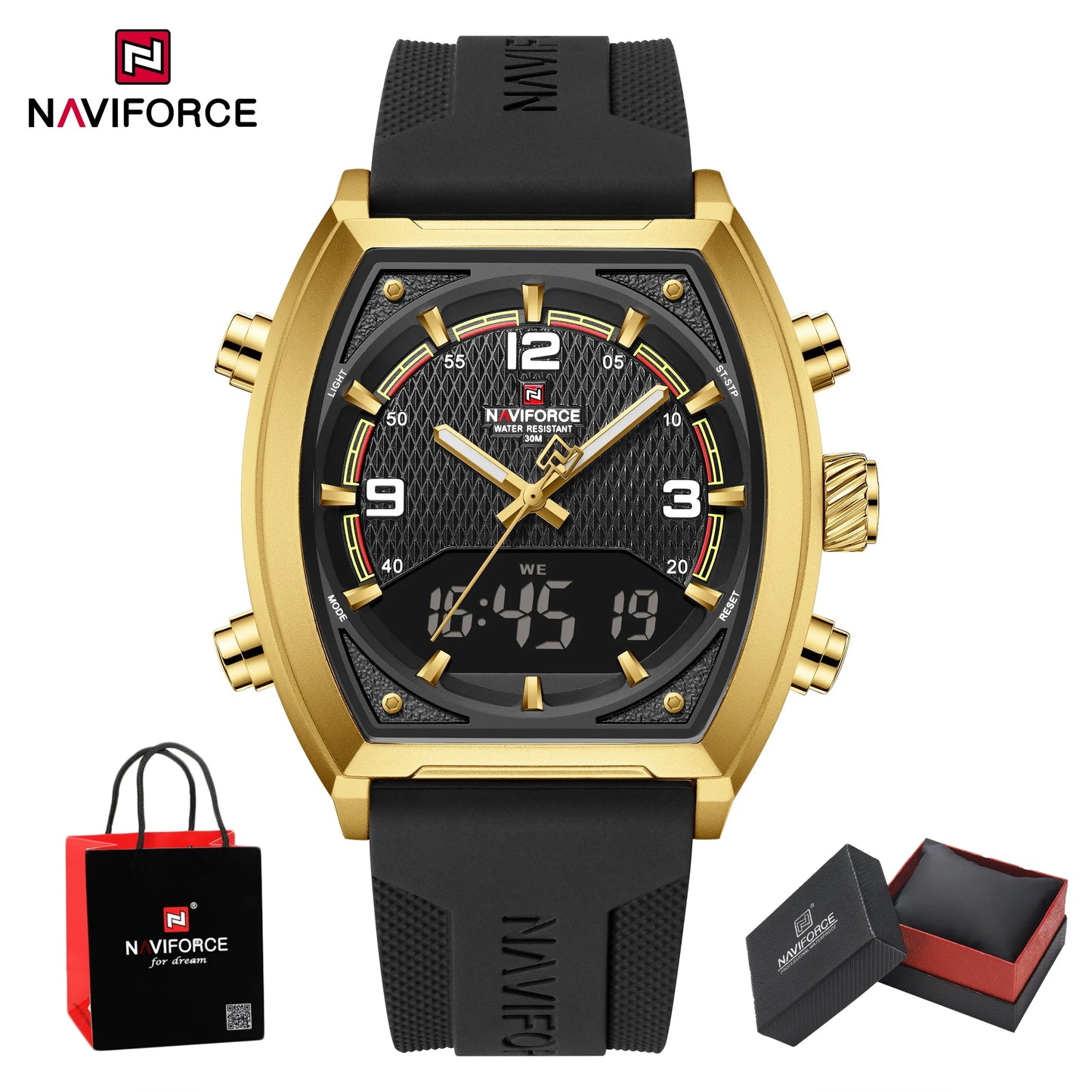 NAVIFORCE Men Dual Display Watch 3ATM Waterproof Luminous Silicone Strap Sport Casual Wristwatch Gifts box