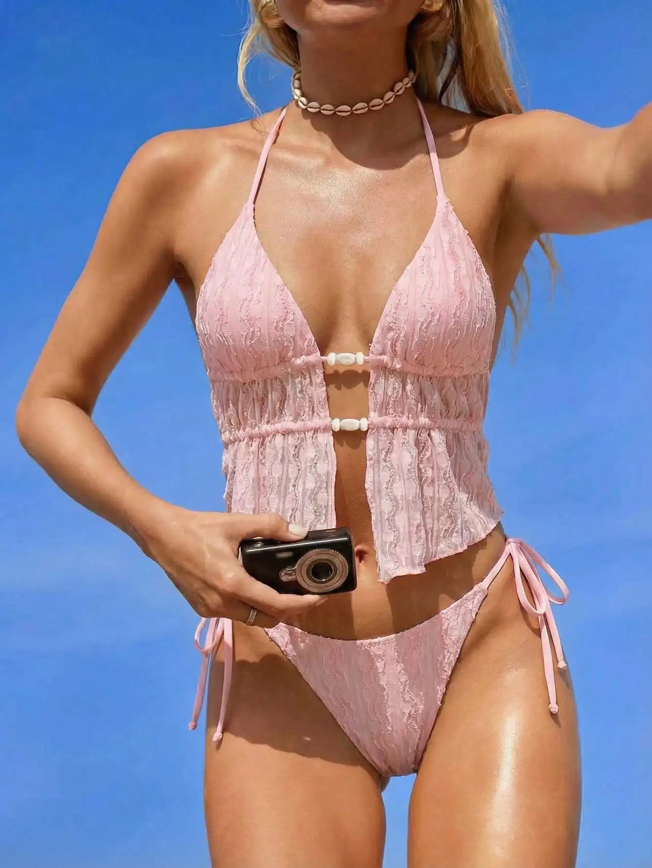Cream Lace Halter Neck Tankini Set With Beaded Detail And Tie Side Bottoms