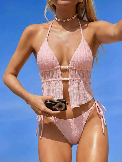Cream Lace Halter Neck Tankini Set With Beaded Detail And Tie Side Bottoms
