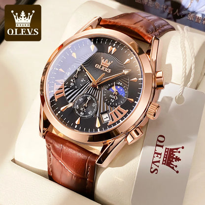 OLEVS casual fashion men's watches Moon Phase Chronograph waterproof man wristwatch Leather strap trend genuine watch for man