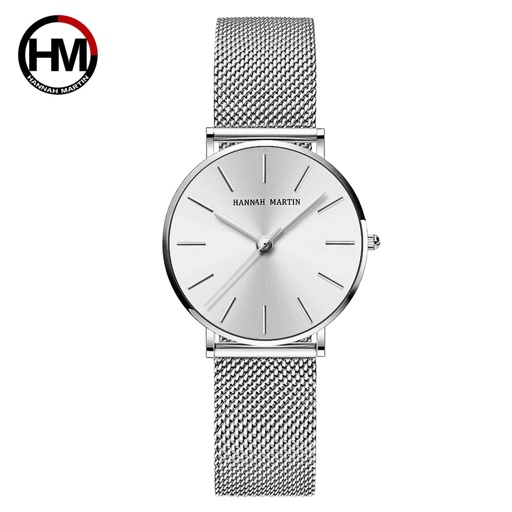 Women's Watch Hannah Martin Brand Stainless Steel Mesh Strap 36mm Silver Minimalist Dial Japanese Quartz Movement 6.9mm Slim Clock 3Bar Life Waterproof Local Fast Shipping Women Watch
