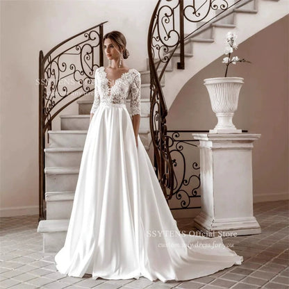 SSYTENS Customized Elegant Women's V-Neck Wedding Dressees Lace Applique Long Sleeved Elegant A-Line Bridal Gowns Formal Party