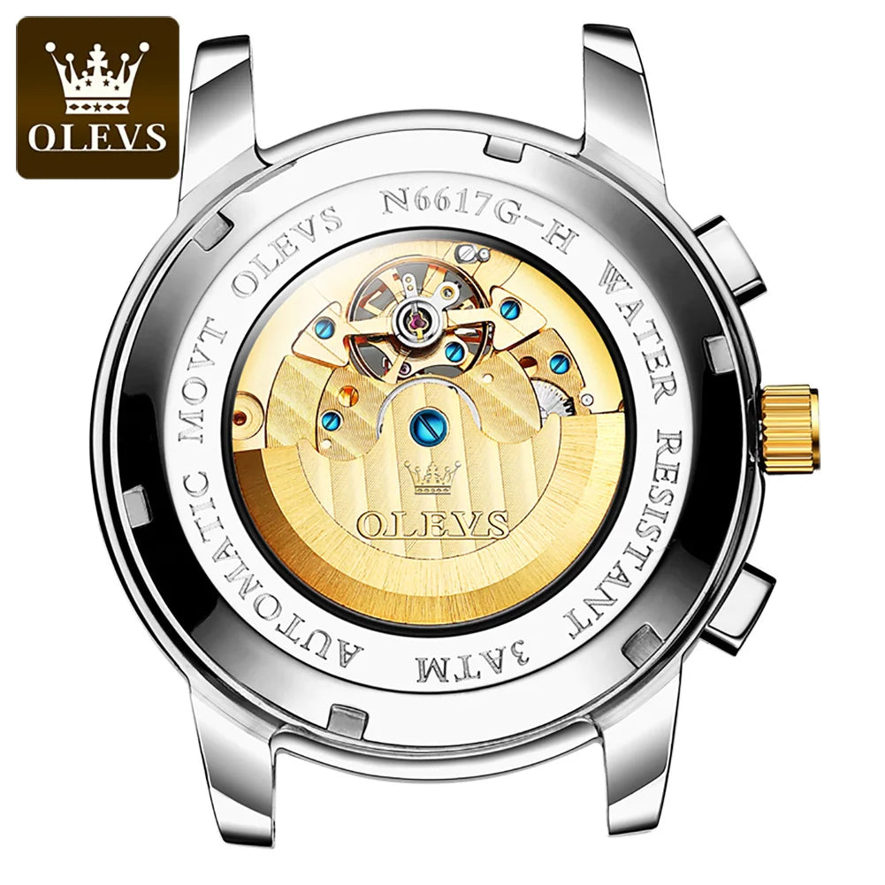 OLEVS 6617 Men's Classic Mechanical Watch Waterproof Business Stainless Steel Strap Watch  Sun And Moon 30M Waterproof Watch