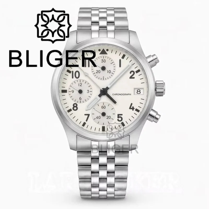 BLIGER Full Black Brushed 38mm VK67 Quartz Aviator Chronograph Watch For Men Domed Sapphire Glass Luminous Dial Waterproof Date