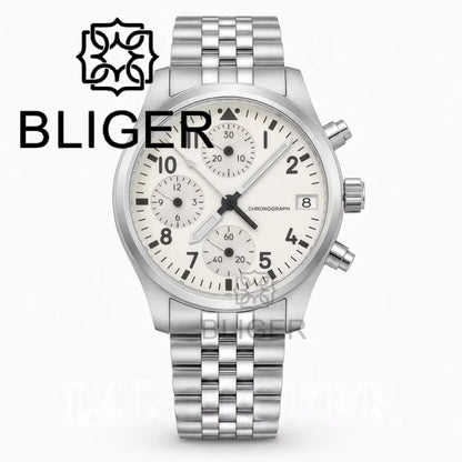 BLIGER Full Black Brushed 38mm VK67 Quartz Aviator Chronograph Watch For Men Domed Sapphire Glass Luminous Dial Waterproof Date