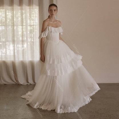 Romantic Lace And Tulle Wedding Dress A Line Off The Shoulder Sweep Train Elegant Bridal Gown Customized
