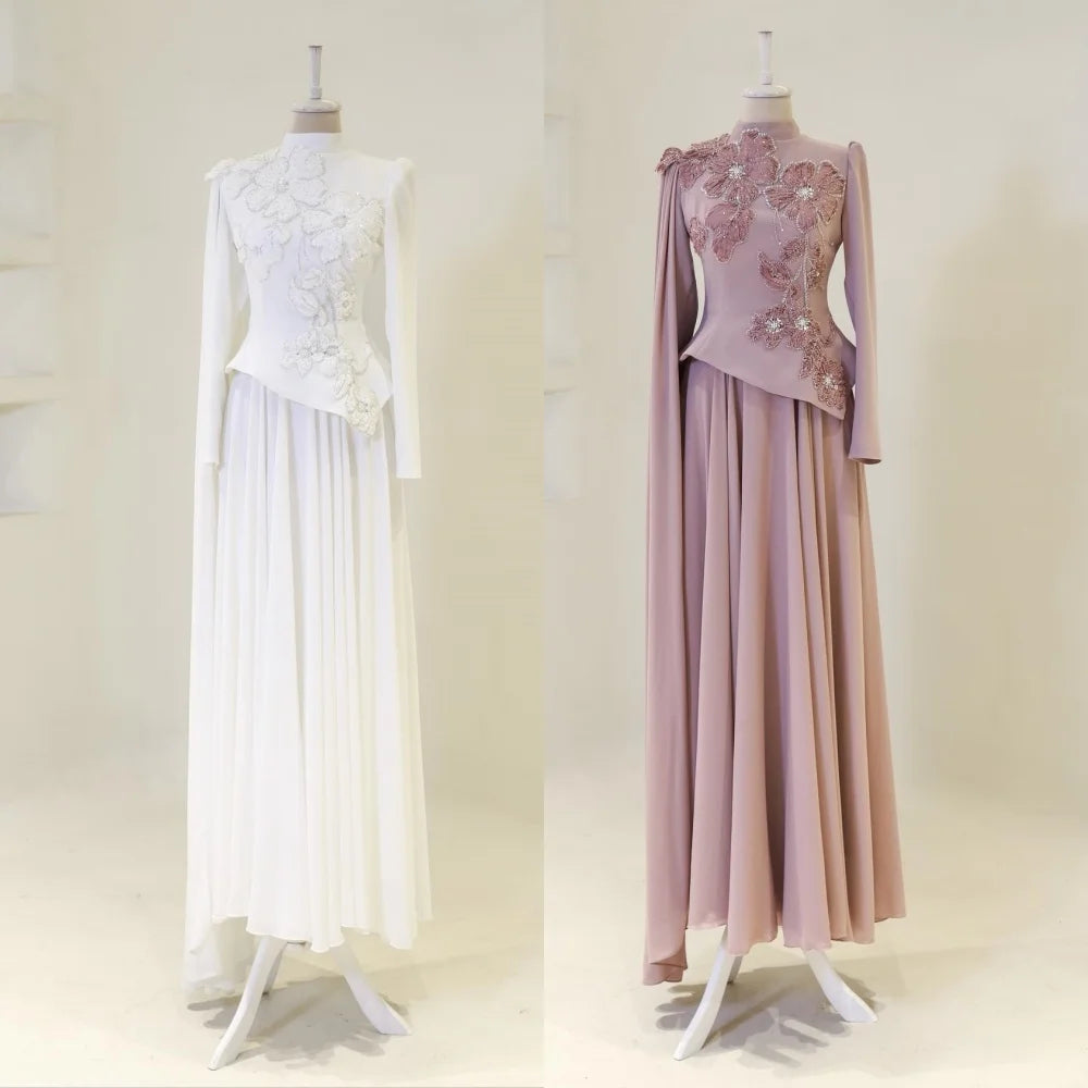 Customized  Applique Pattern Pleat High Collar A-line Long Dresses Bespoke Occasion Prom Luxury Evening Gown Gorgeous Formal