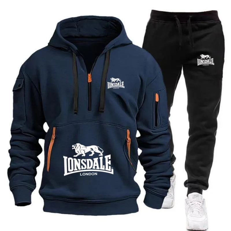 LONSDALE Men's Kangaroo Pocket Hoodie Set 2026 New Autumn Winter Fleece Sweatshirt + Sports Pants 2 Piece Tracksuit Casual Fitne