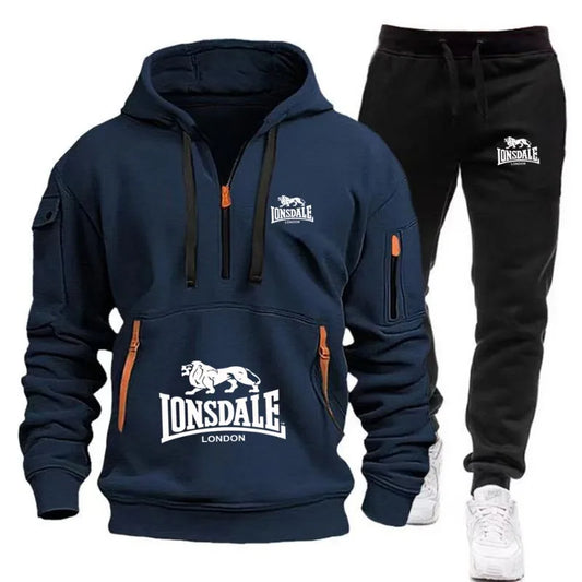 LONSDALE Men's Kangaroo Pocket Hoodie Set 2026 New Autumn Winter Fleece Sweatshirt + Sports Pants 2 Piece Tracksuit Casual Fitne