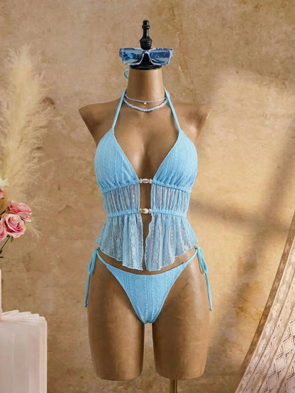 Cream Lace Halter Neck Tankini Set With Beaded Detail And Tie Side Bottoms