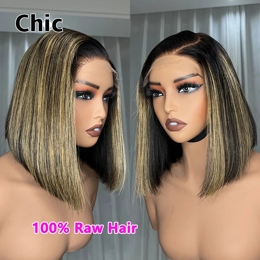 200 Grams Glueless Bob Wigs 100% Raw Human Hair Pre Plucked P1b/27 5x5 HD Lace Closure Wigs Highlight Ombre HD Lace Front Wigs