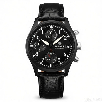 BLIGER Full Black Brushed 38mm VK67 Quartz Aviator Chronograph Watch For Men Domed Sapphire Glass Luminous Dial Waterproof Date