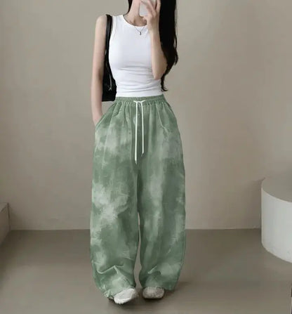 2026 Korean Version Pants Women's Tie-dye Loose Fashion Casual Drawstring Large Size Camouflage Printing Wide-leg Floor Pants