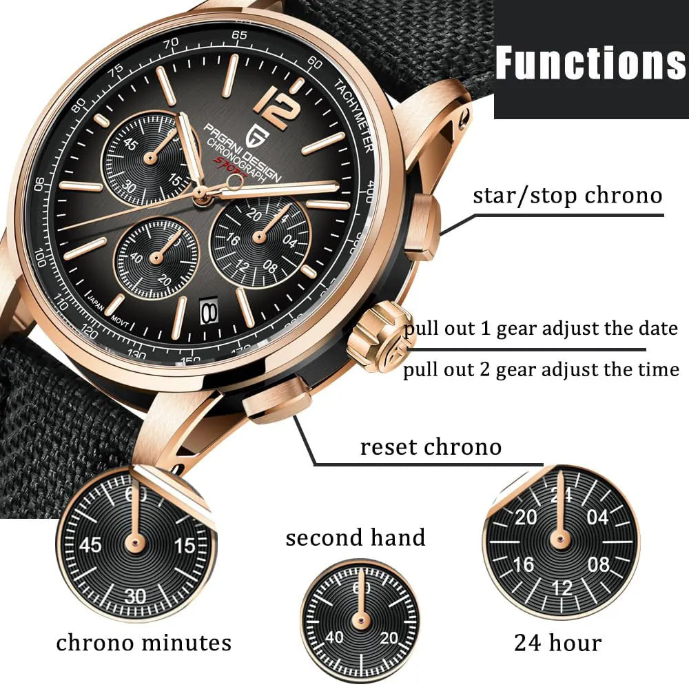 PAGANI DESIGN New Mens Watch 41mm Chronograph 100M Waterproof Wristwatch Top Brand VK63 Quartz Watches for Men Gift Reloj Hombre