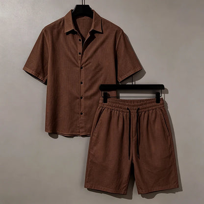 Men Linen Two Piece Outfit Short Sleeve Lapel Button Shirt Elastic Drawstring Shorts Summer Daily Seaside Vacation Casual Set