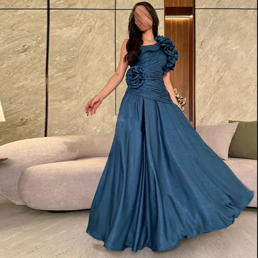 Customized One Shoulder Pleats Evening Dresses A Line Long Prom Gown with Flower Elegant Floor Length Wedding Party Dress