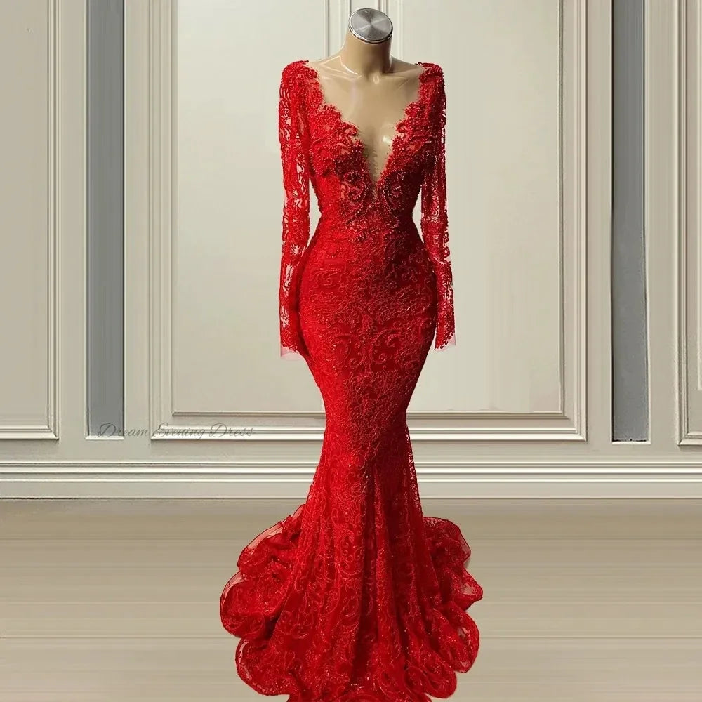 Customized Beautiful Deep V-neck Long Sleeves Mopping Women's New  New Dresses Blingbling Evening Dresses Lace Appl