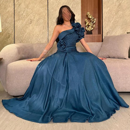 Customized One Shoulder Pleats Evening Dresses A Line Long Prom Gown with Flower Elegant Floor Length Wedding Party Dress